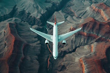 Commercial airplane flying above the Grand Canyon, Arizona, USA. Travel Grand Canyon national park...