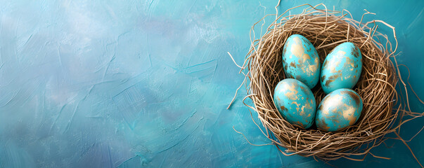 Braided nest with Easter eggs on the blue background. Easter motif with copy space. Edited AI illustration.	