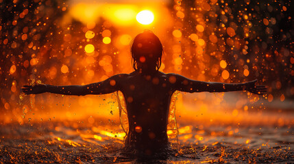 the silhouette of a person standing waist-deep in water under a heavy warm rain and melting his hands to the sides and raising his head up, closing his eyes, enjoying the moment at sunset - obrazy, fototapety, plakaty