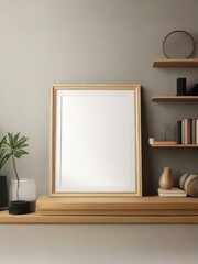 Mock up blank frame on wooden shelf in living room 