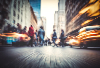 Blurred people walking in the city streets at the rush hour. Time lapse motion effect. Sunlight 