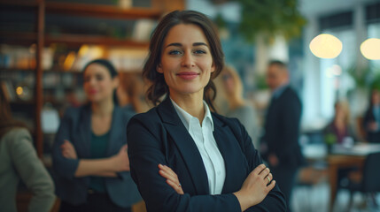 a beautiful woman in a business suit, arms crossed over her chest, smiling sincerely in the office, with her colleagues, team or students standing behind her