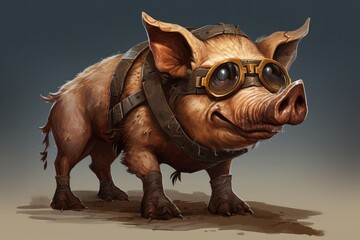 Fototapeta premium A whimsical mammal figure, resembling a pig with a snout like a rhino, dons goggles and a harness in this cartoon-style art piece