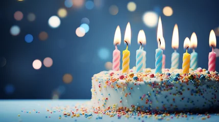 Foto op Plexiglas birthday cake with candles, cake with candles, Colorful birthday cake with sprinkles and ten candles on a blue background, A celebration birthday cake with colorful sprinkles, generative ai © PIRSADDAM