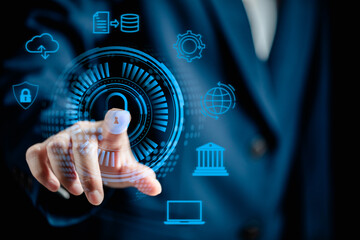 Internet network cybersecurity concept, data privacy protection from malicious attacks, digital information technology security,.business women touching padlock interface virtual online network.