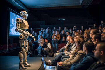 Fototapeta na wymiar Robot lecturer talks about profound impact of AI on human behaviour. Audience transcends conventional boundaries of human AI interaction
