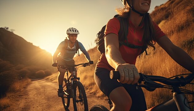 Close up of two mountain bikers on the way at sunset in sport clothing. Young couple athlete cyclist in outdoor nature healthy active lifestyles.