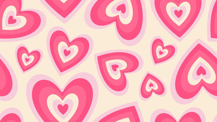 Groovy Hearts Seamless Pattern. Vector Background in 1970s-1980s Hippie Retro Style for Print on Textile, Wrapping Paper, Web Design and Social Media. Pink and Purple Colors. - 713235459