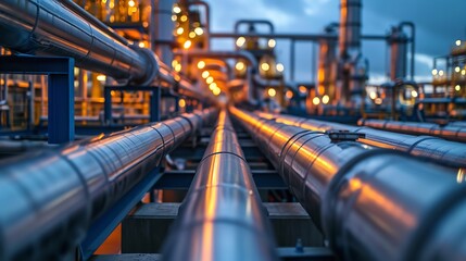 Close-up of a pipeline and pipe rack in a plant for producing ammonia, hydrogen, chemicals, or oil, Generative AI. - obrazy, fototapety, plakaty