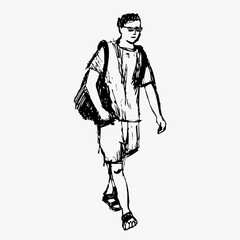 Young man, hand sketch ink pen fictional character. Flat vector illustration isolated on white