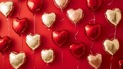 red and gold heart shape foil balloons pattern on a red background