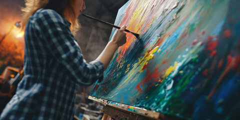 Uma mulher pintando um quadro abstrato