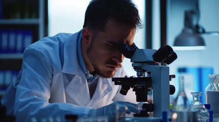 Homem Cientista olhando um microscópio  