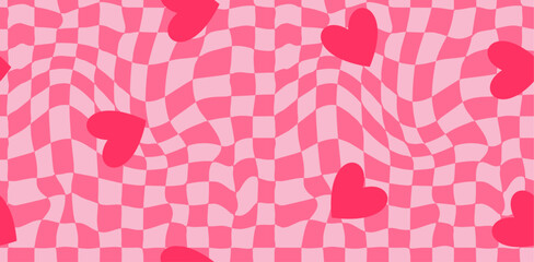 Groovy Hearts Seamless Pattern. Vector Background in 1970s-1980s Hippie Retro Style for Print on Textile, Wrapping Paper, Web Design and Social Media. Pink and Purple Colors. - 713237033