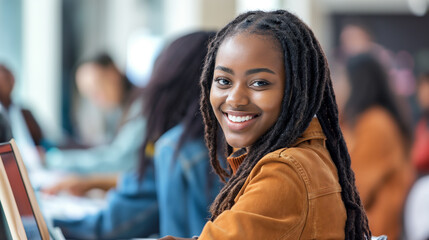 Garota afro na escola sorrindo olhando para trás - obrazy, fototapety, plakaty