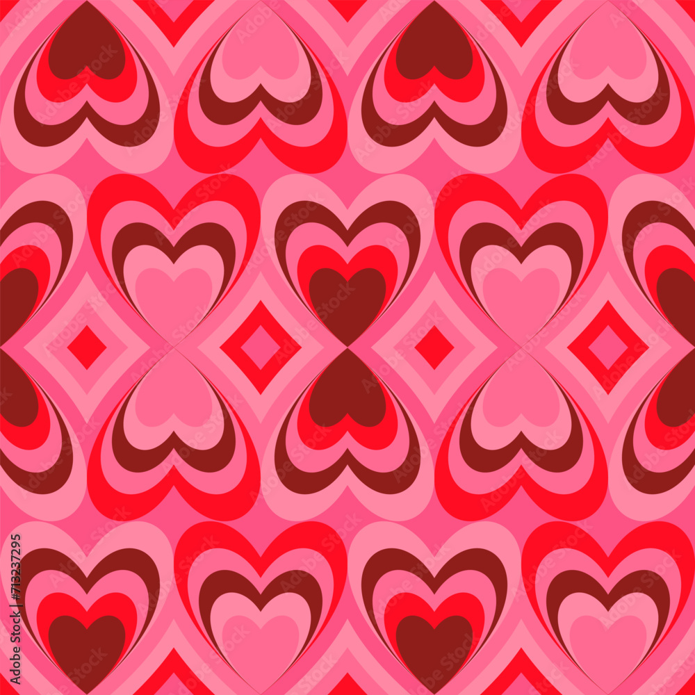 Poster groovy hearts seamless pattern. vector background in 1970s-1980s hippie retro style for print on tex