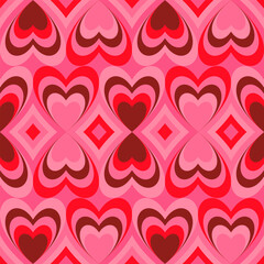 Groovy Hearts Seamless Pattern. Vector Background in 1970s-1980s Hippie Retro Style for Print on Textile, Wrapping Paper, Web Design and Social Media. Pink and Purple Colors. - 713237295