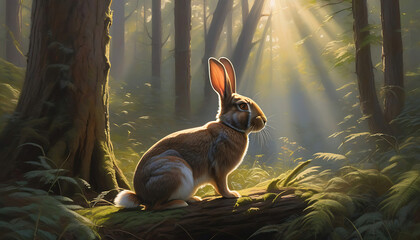 Morning in the Painted Woods: Rabbit in Artistic Scene - obrazy, fototapety, plakaty