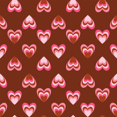 Groovy Hearts Seamless Pattern. Vector Background in 1970s-1980s Hippie Retro Style for Print on Textile, Wrapping Paper, Web Design and Social Media. Pink and Purple Colors. - 713237850