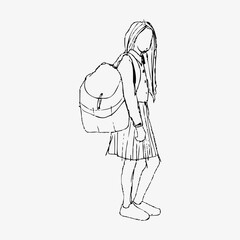 Teenage girl, hand sketch ink pen fictional character. Flat vector illustration isolated on white