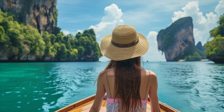 A top model woman in a straw hat sits on a boat near a resort on an island in southern Thailand.