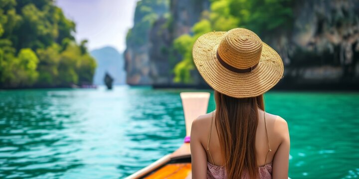 A top model woman in a straw hat sits on a boat near a resort on an island in southern Thailand.