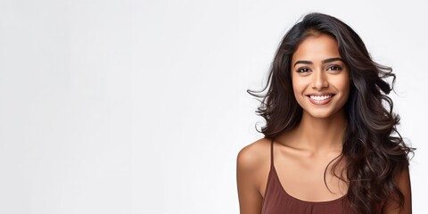 A beautiful young asian indian model woman smiling with clean teeth isolated on white background - obrazy, fototapety, plakaty