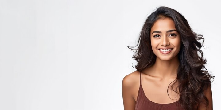 A Beautiful Young Asian Indian Model Woman Smiling With Clean Teeth Isolated On White Background