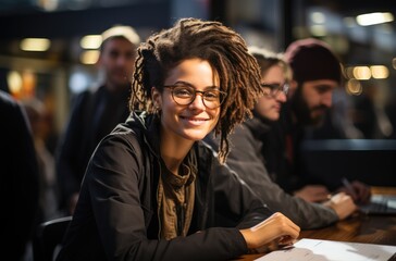A joyful woman confidently displays her unique style and bright smile while sporting glasses, showcasing both her individuality and good eye care practices indoors