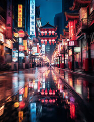 Modern Chinese city nights: Neon-lit vibrant cityscape, empty streets, red lights of advertising, shops, and restaurants. Blurred, unfocused travel concept image.