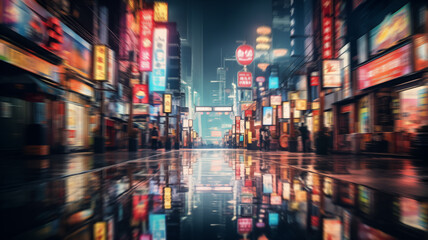 Modern Chinese city nights: Neon-lit vibrant cityscape, empty streets, red lights of advertising, shops, and restaurants. Blurred, unfocused travel concept image.