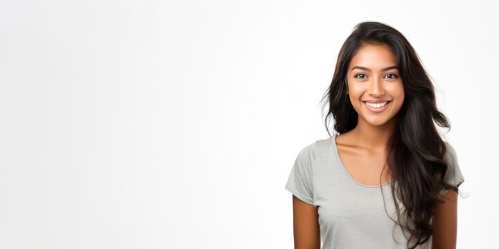 A beautiful young asian indian model woman smiling with clean teeth isolated on white background