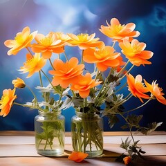 Vibrant Orange Flowers in Glass Jars Against a Dreamy Blue Background