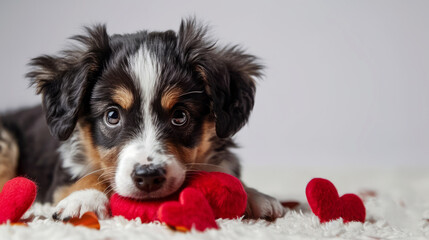 Tricolor puppy with a mix of black, brown, and white fur. The puppy has expressive eyes and is looking directly at the camera. Dog lying on a soft, fluffy surface that appears to be a rug or carpet. 