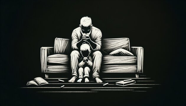 Dad and son praying together, sitting on the couch in the living room. Black and white illustration