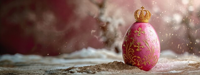 Pink easter egg with golden crown on snow. Winter background.