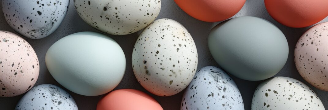 Easter eggs painted in pastel colors on a gray background.