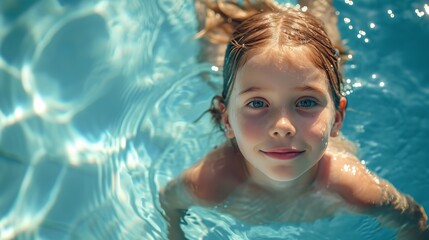 Fototapeta na wymiar Portrait of a little girl swimming in swimming pool with a big copy space, Generative AI.
