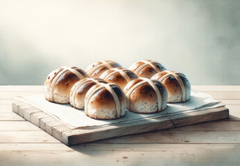 Easter. Good Friday. Traditional hot cross buns on a wooden board. Toned. - obrazy, fototapety, plakaty