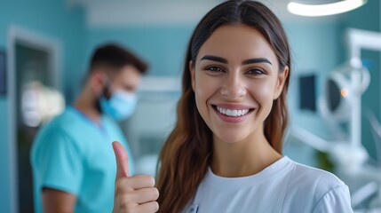 Portrait of a woman patient in dental hospital showing thumbs up, Generative AI. - obrazy, fototapety, plakaty