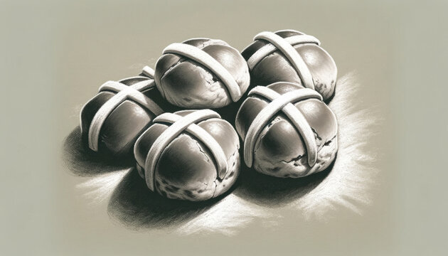Easter. Good Friday. Black and white image of hot cross buns on white background.
