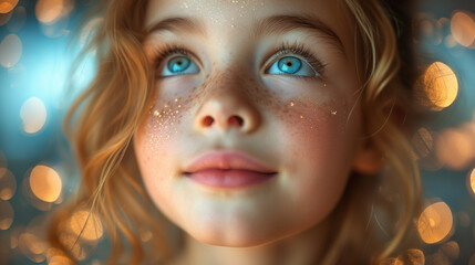 close-up portrait of an incredibly cute blonde child girl with big blue eyes looking up with a slight smile