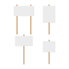 vector with blank display banners on wooden stick. Blank white banners of various shapes