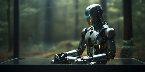 Fototapeta premium 1970s photo 35mm iso 200 scratches and dust chromatic aberration slow shutter speed, a minimalist, monochromatic humanoid robot sitting inside a glass box, in a dark forest at night, ai generative