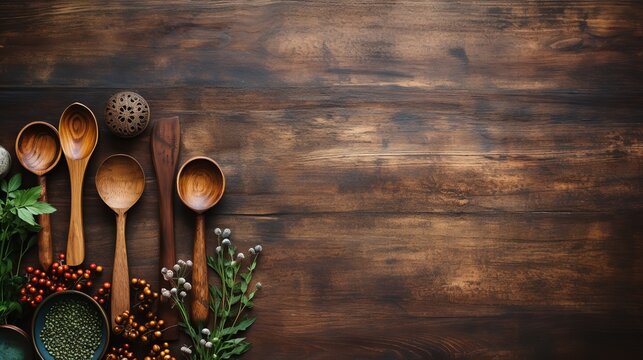 Rustic wooden cooking tools or utensils on a wooden board with empty space, Generative AI.