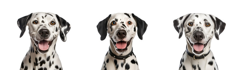 Set of closeup portraits of a cheerful and humorous Dalmatian dog, Isolated on Transparent Background, PNG