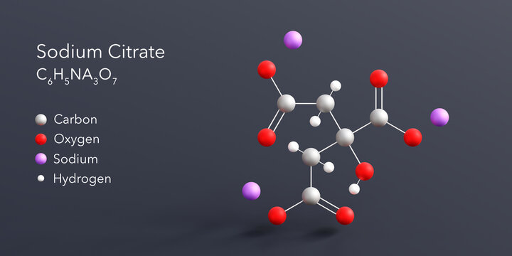 sodium citrate molecule 3d rendering, flat molecular structure with chemical formula and atoms color coding