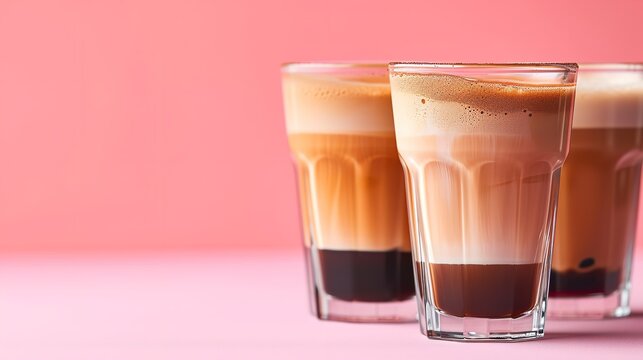 Three varying-flavored coffee glasses set on an attractive pink backdrop, space, Generative AI.