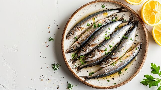 Top view of a plate of raw anchovies with a big copy space, Generative AI.
