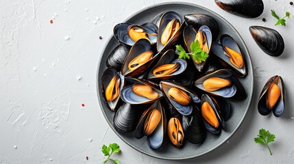 Top view of a plate of raw mussels with a big copy space, Generative AI.